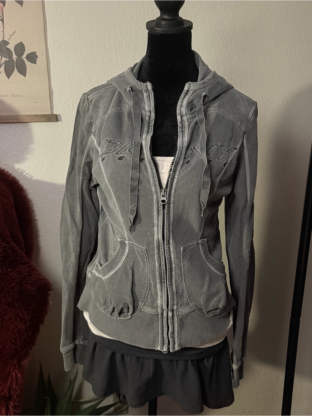Y2k Gray Graphic Hooded Zip-Up Jacket